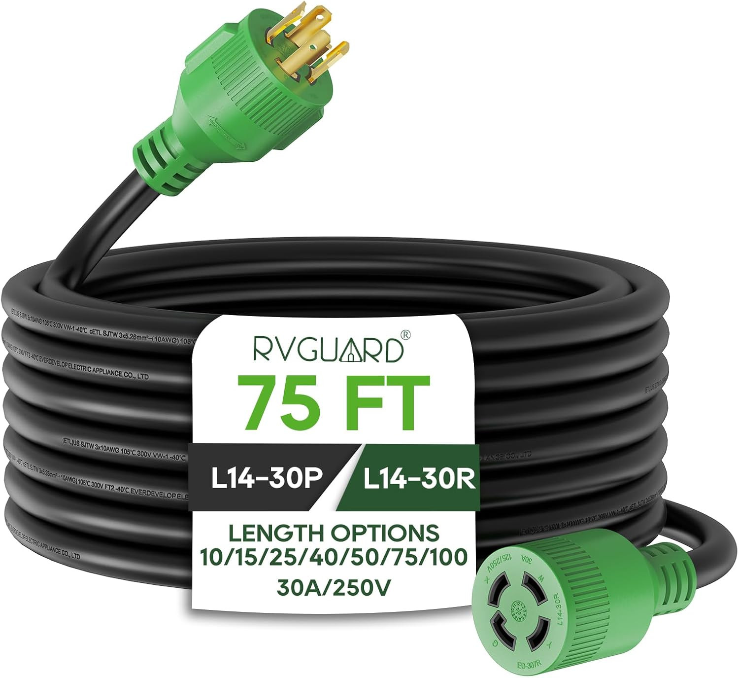 RVGUARD 4 Prong 30 Amp 75 Foot Generator Extension Cord, NEMA L14-30P/L14-30R, 1