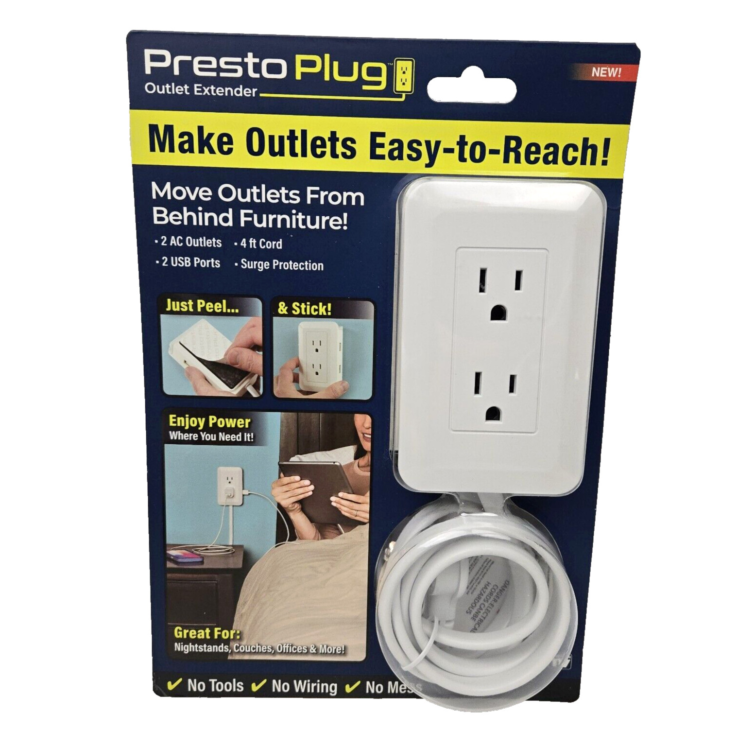 Presto Plug Wall Outlet Extender 4 ft Cord Peel & Stick As Seen On TV 2 AC 2 USB