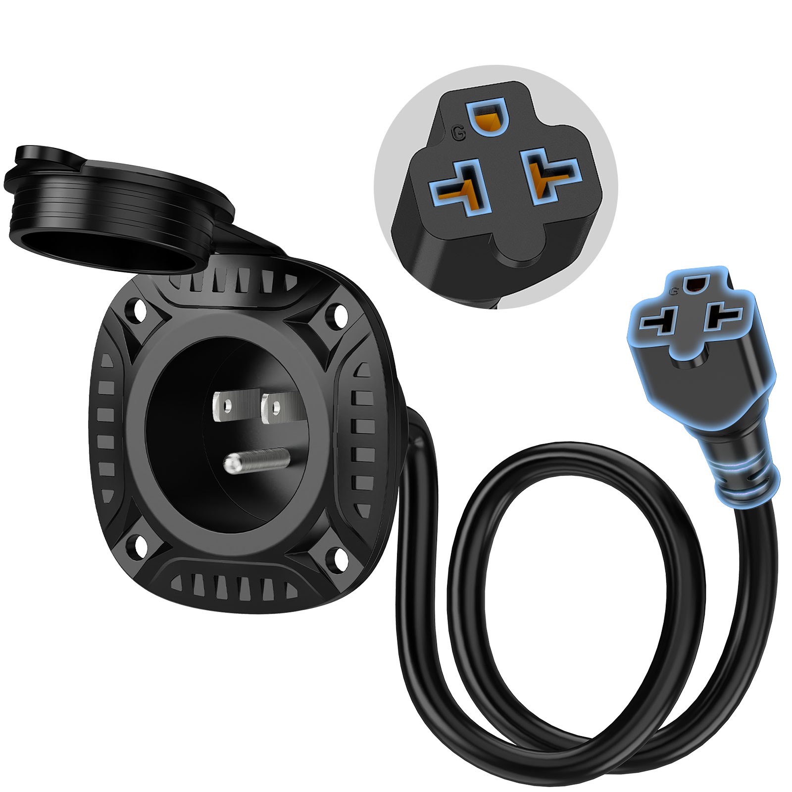 MICTUNING 5-in-1 AC Port Plug – 20A RV Shore Power Inlet w/ T-Blade Adapter 125v