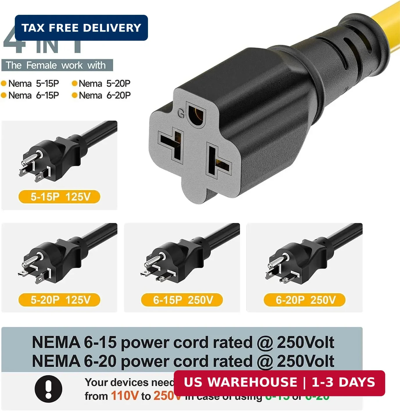 [4-in-1] 12AWG 15 Amp Household AC Plug to 20 Amp T Blade Adapter Cable, NEMA 5-