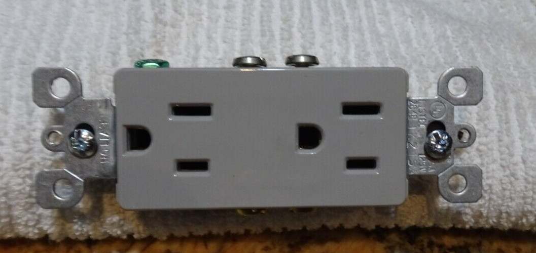 Pair of Gray Leviton Decora 15 Amp Side Wired Self Grounding Duplex Outlets