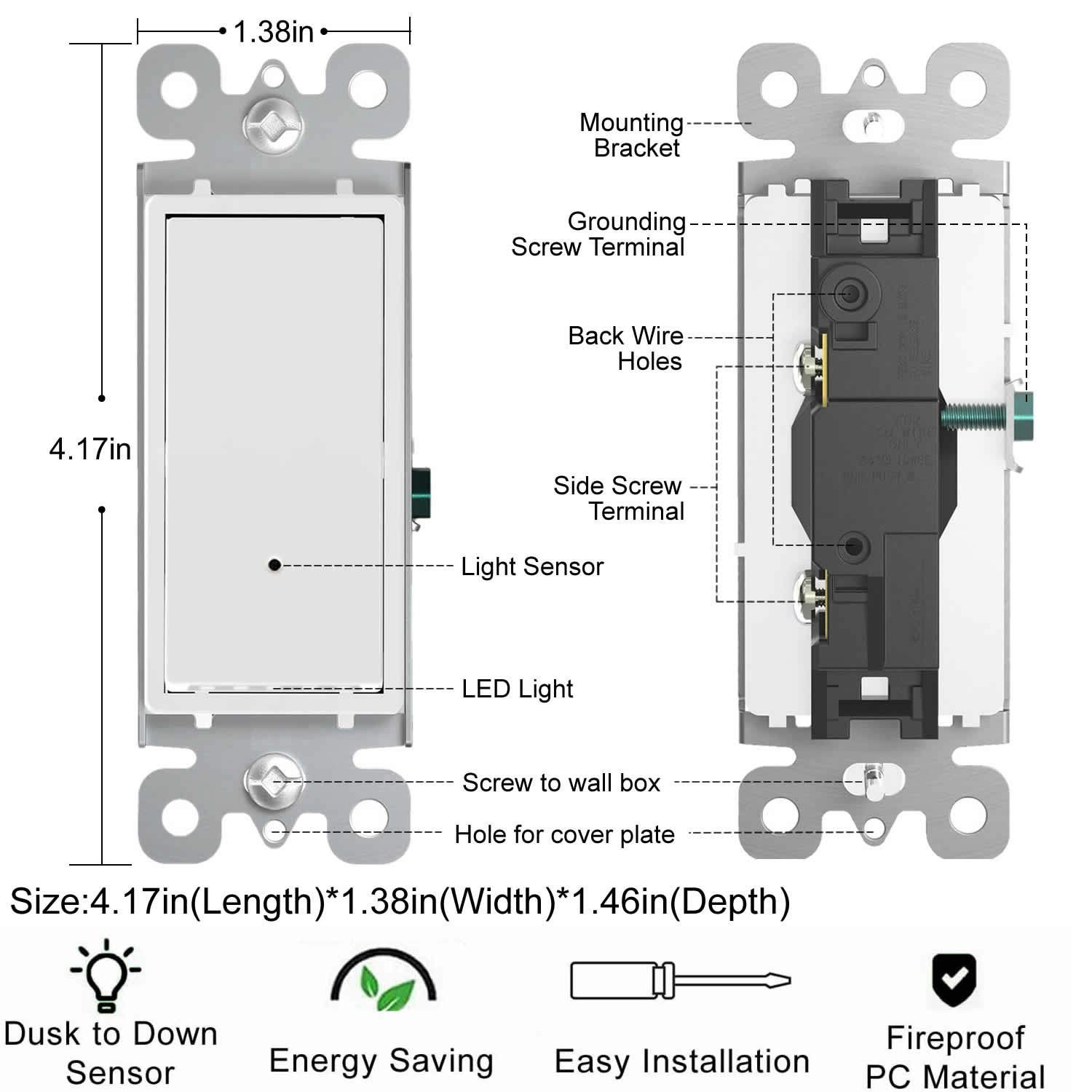 4 Pack Illuminated Light Switch, Lightswitch W LED Night Light, Automatic On/Off