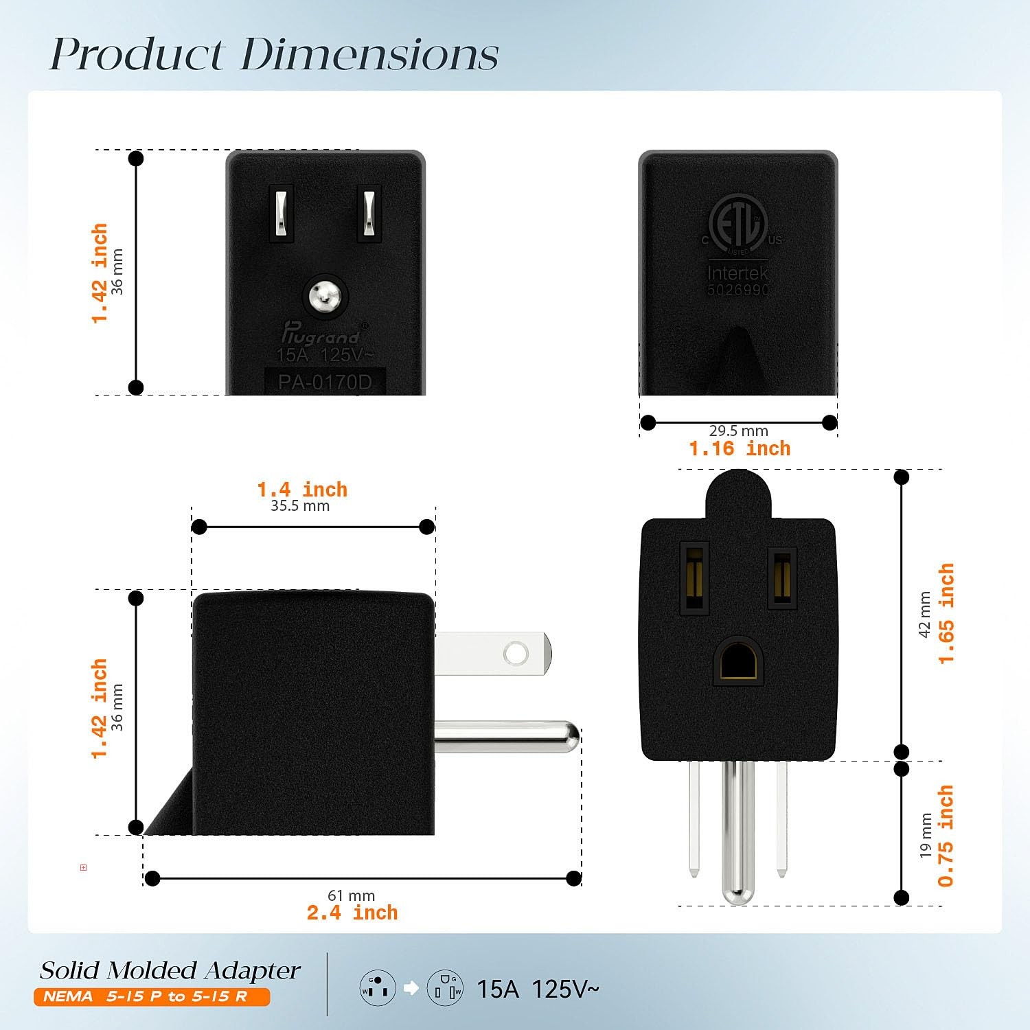 90 Degree Adapter Right Angled Downward USA 3-Prong Down Angle, Black