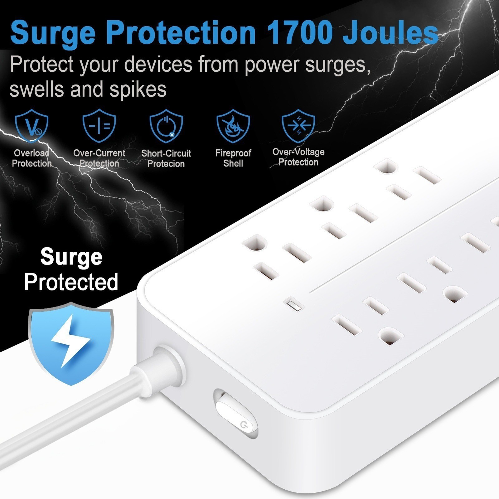8 AC Outlets Power Strip, Surge Protector with 3 USB-A & Type C Ports, 5FT Cord