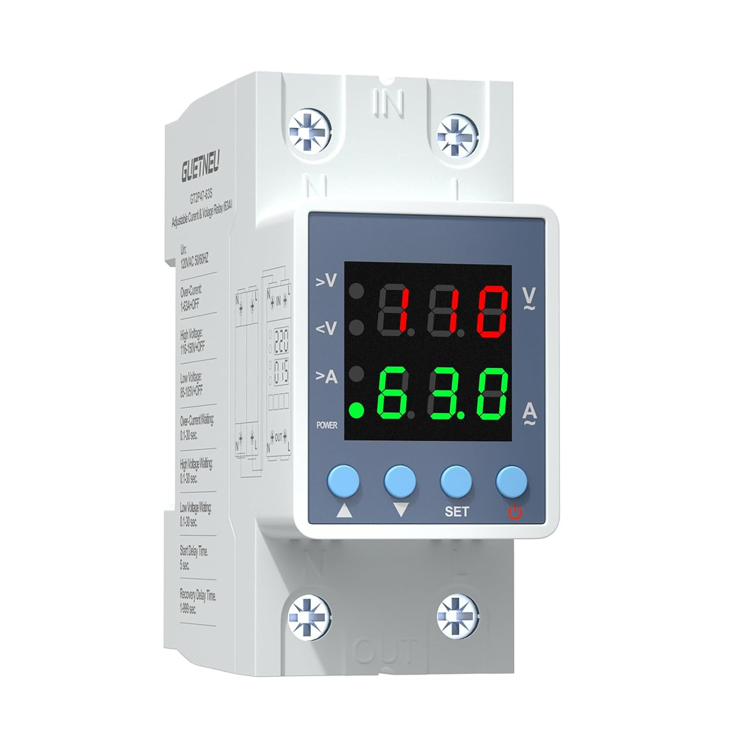 Multifunctional Over/Under Voltage Protector, 120VAC 63A, Current & Voltage Adju