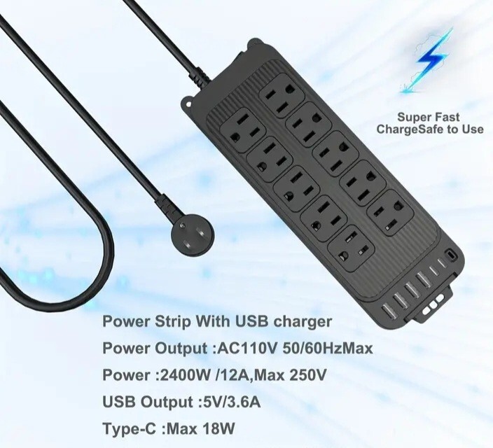 Power Surge Protector with 10 Outlets & 4 USB Ports & 2 USB-C Port (5V/3A),