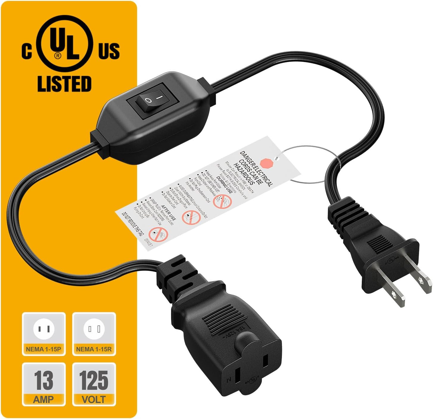 On off Switch Extension Cord [2-Feet], 2-Prong Polarized Extension Cord with Swi