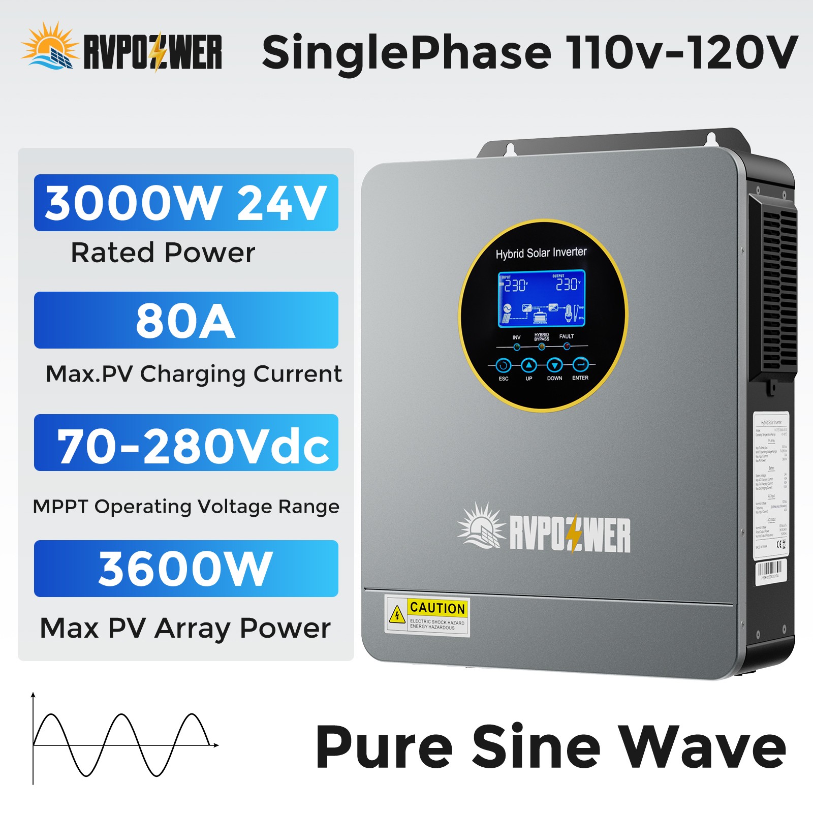 3KW 5.5KW Solar Hybrid Inverter w/MPPT Split Phase Pure Sine 24V/48V AC120V/240V