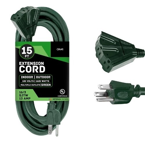 Weatherproof Green Extension Cord 15 ft 3 Outlets, 16/3 SJTW Outdoor 3 Way Plug