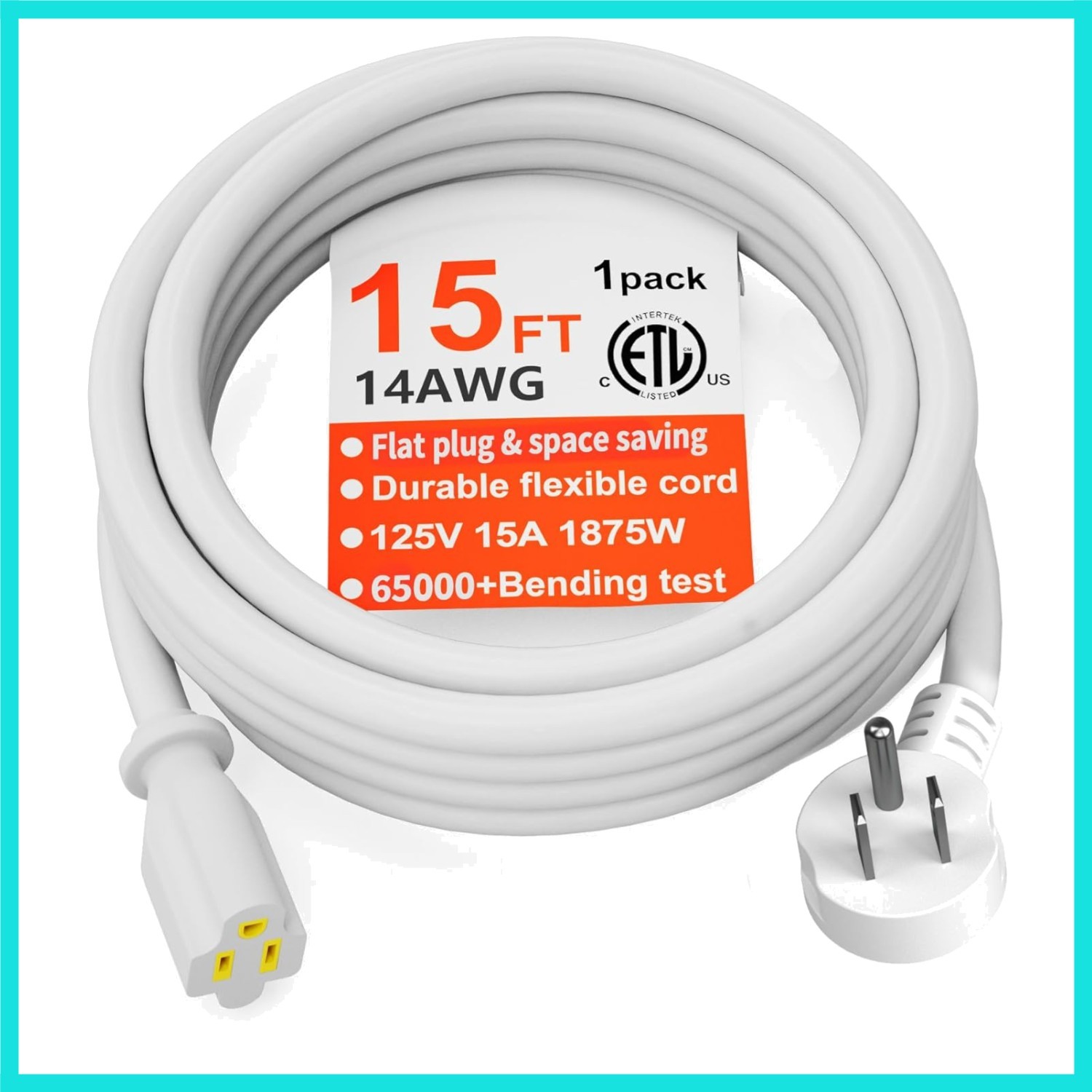 14 Gauge 15 FT Flat Plug Extension Cord White Indoor Outdoor, Heavy Duty 3 Pr…