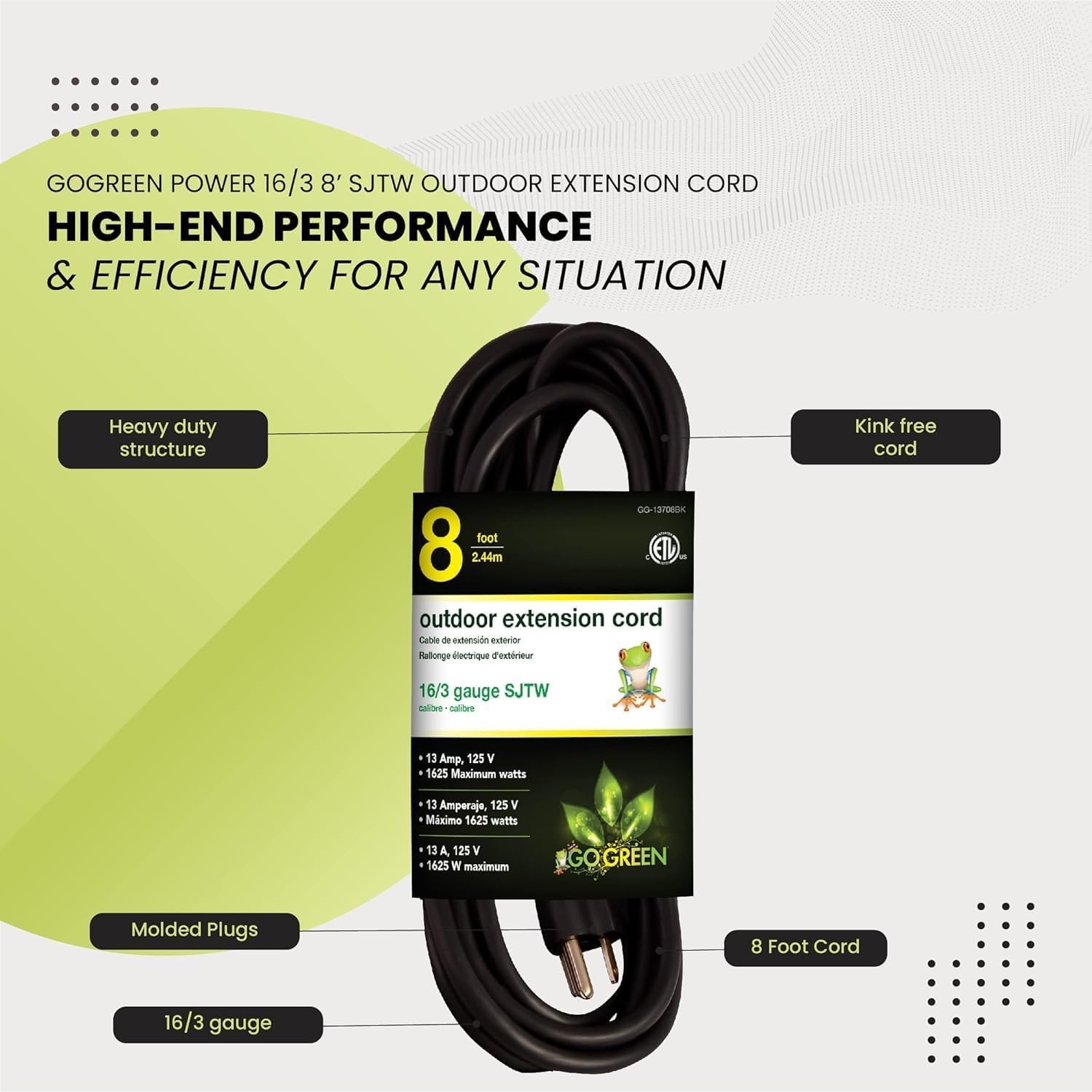 GoGreen Power Inc. (G-13708BK-2) 16/3 8′ Heavy Duty Extension Cord – Black, 8…