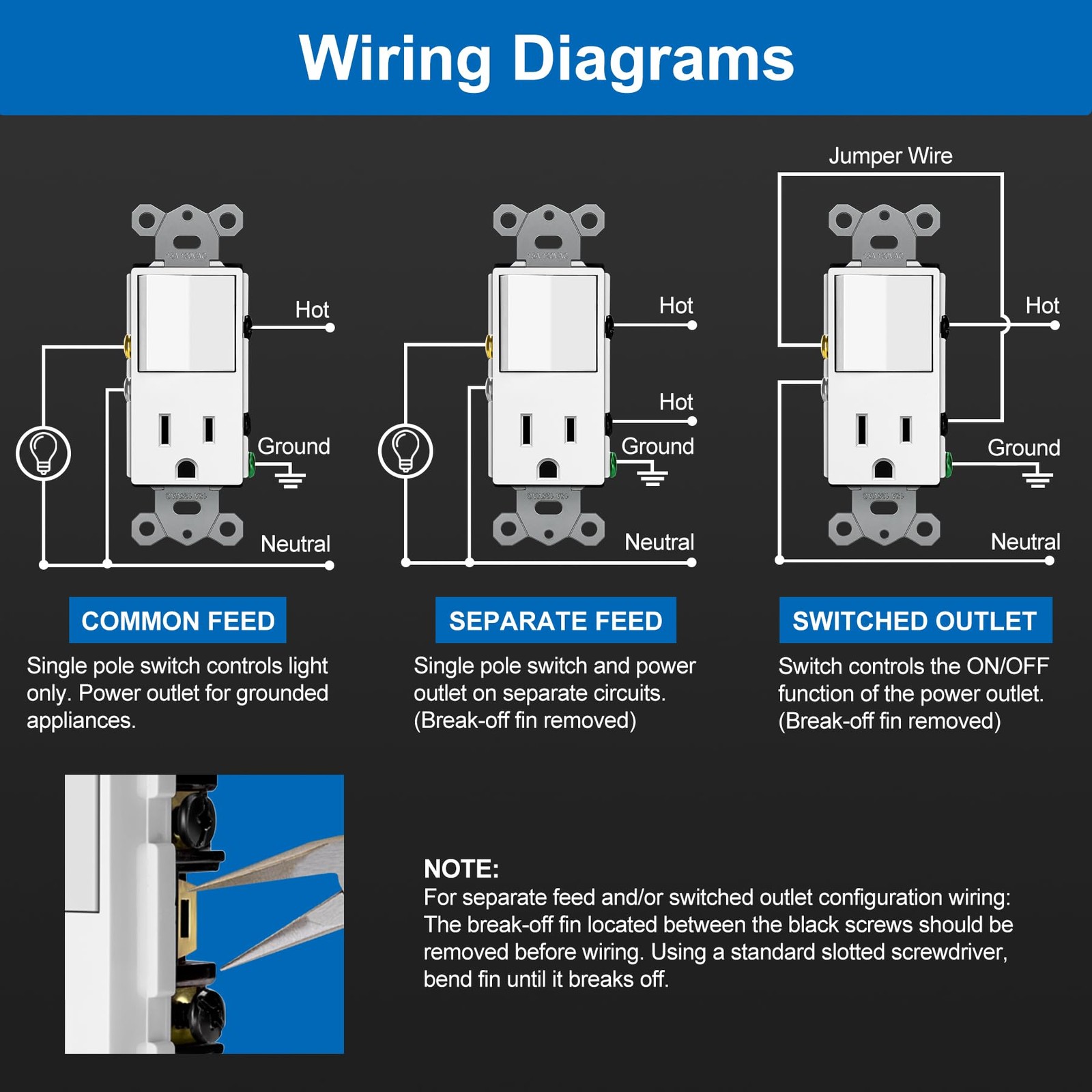 2 Pack Combination Wall Light Switch and Decor Outlet, Single Pole Rocker Switch