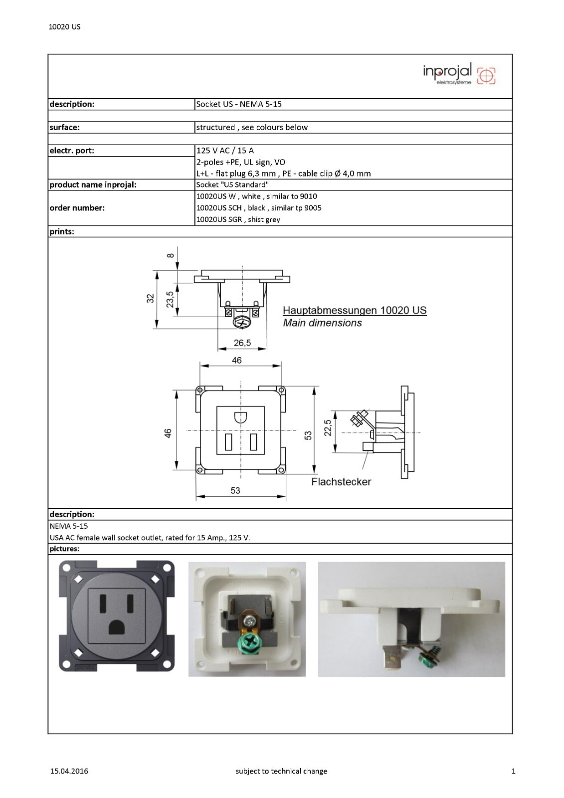 Surface mount Outlet w/flip cover, 5-15,120V, 2.36″ sq Inprojal 60KLFSCH/10020US