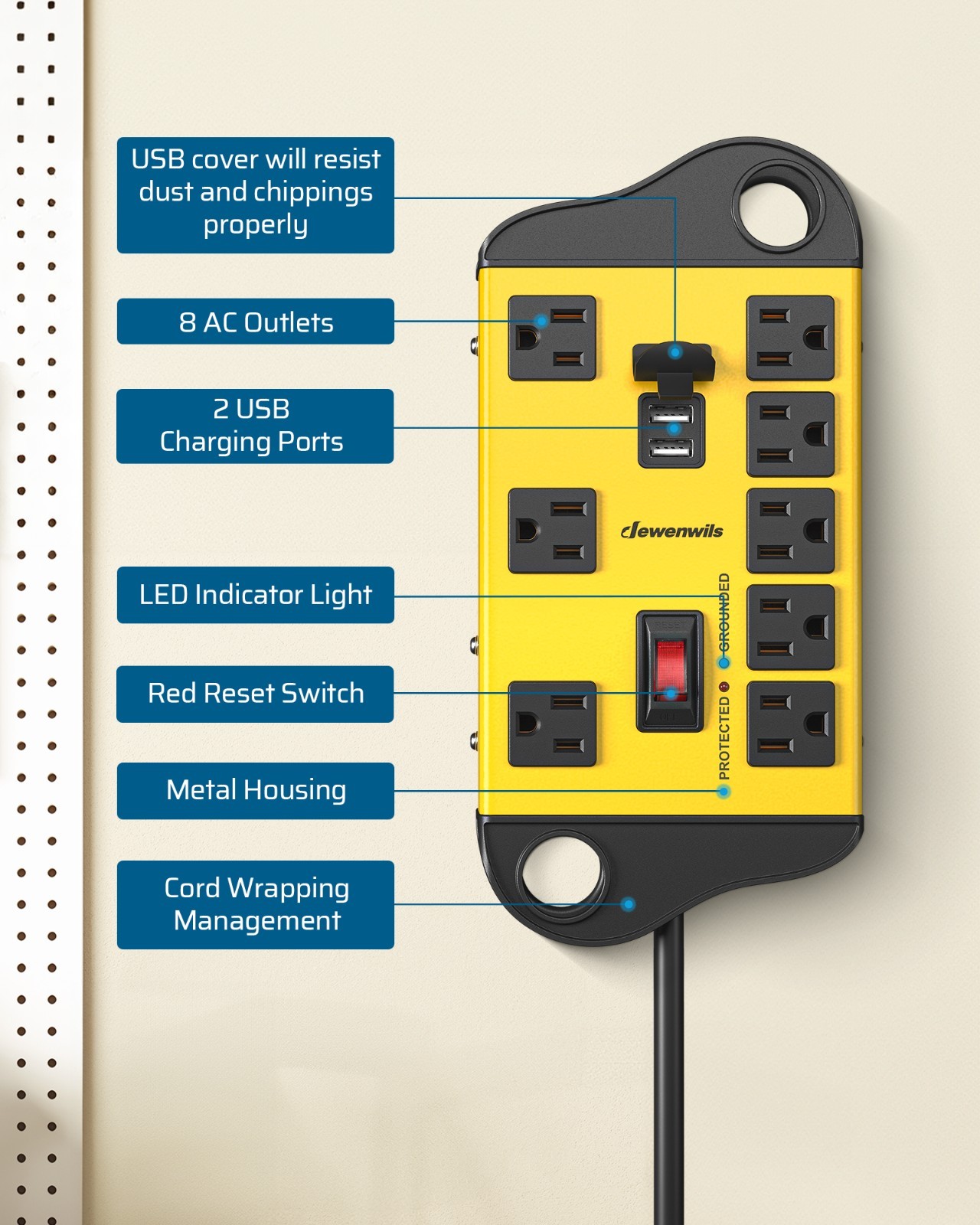 DEWENWILS Garage Power Strip Wall Mount, Wide Space 8-Outlet, 6FT Heavy Duty