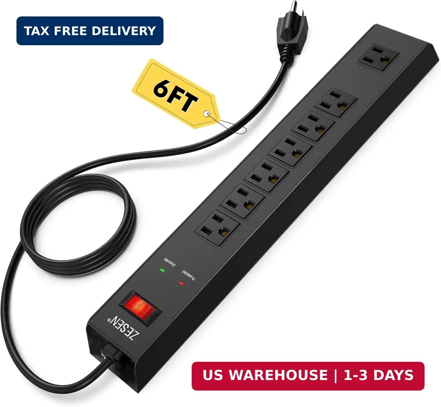 ZESEN 7 Outlet Metal Long Power Strip with Overload Protection & 1500J Surge Pro