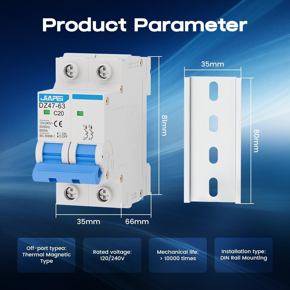 AC Miniature Circuit Breaker, 120V/240V 2 Pole 20 Amp DIN Rail Mount Circuit Bre