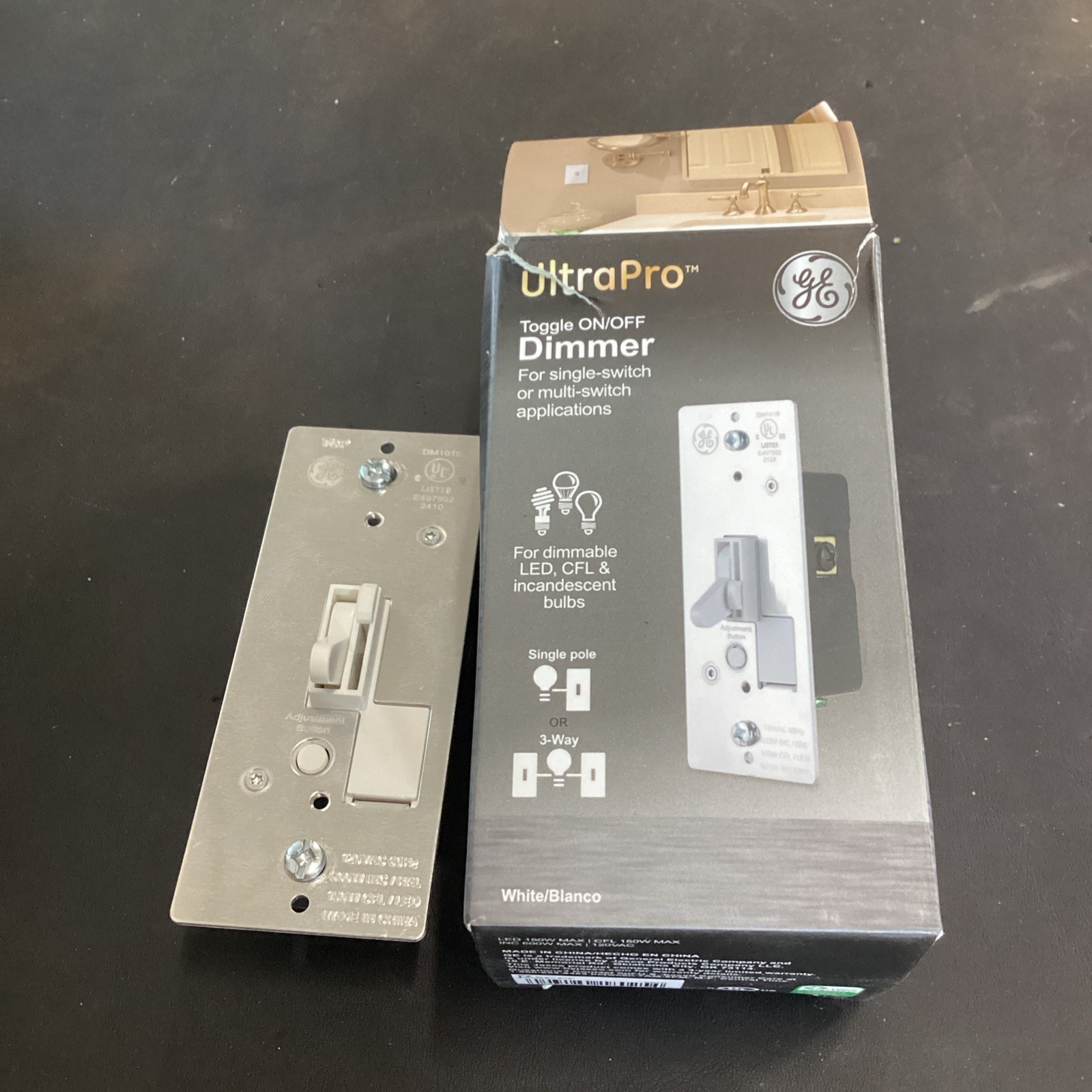GE Single Pole Dimmer Toggle Switch, On/Off/Dim Settings Dimmable 18025 NOS