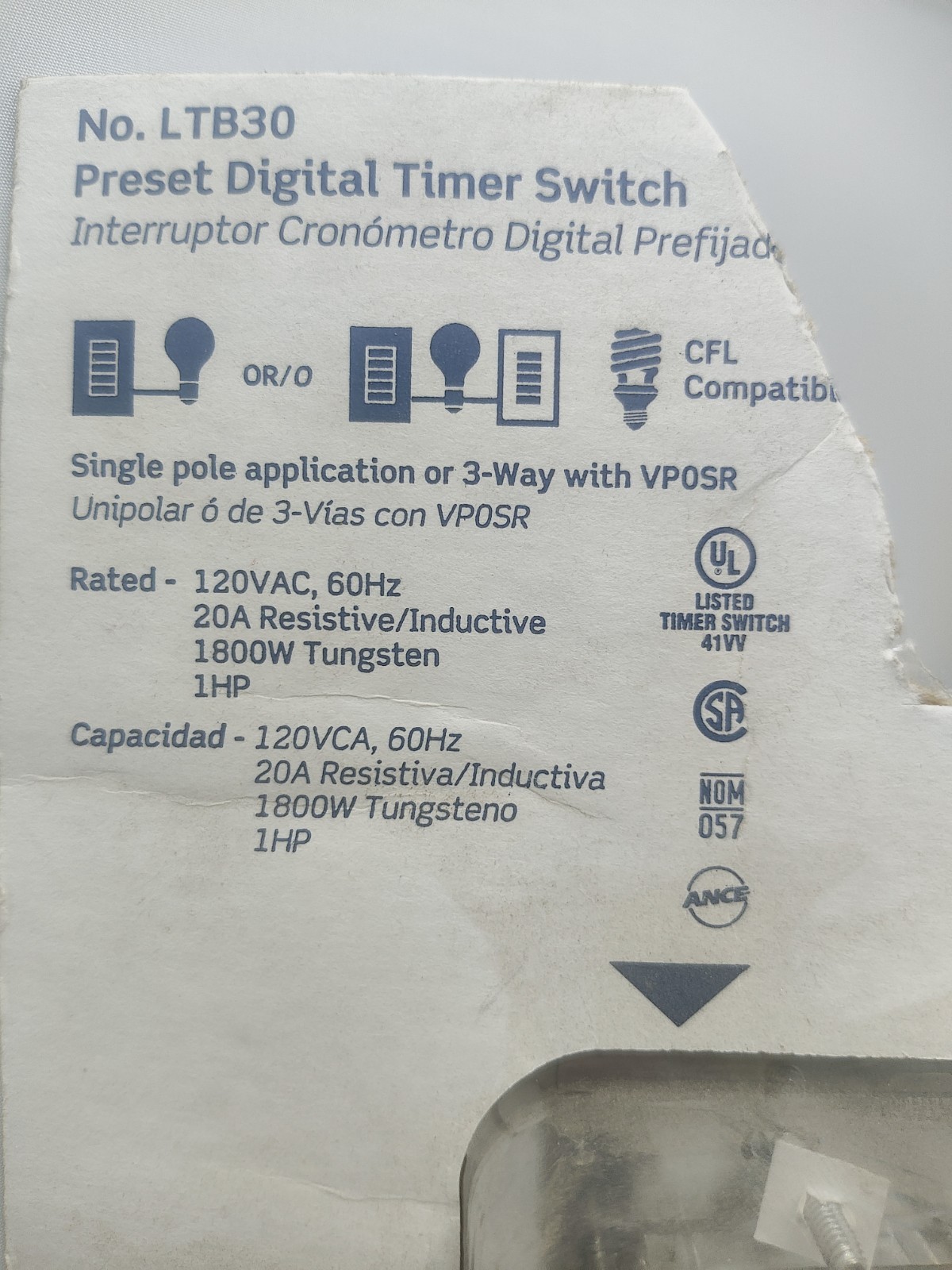 Leviton Decora Countdown Timer 20A 1800W 30 Min 3-Way White #LTB30 NOB Read