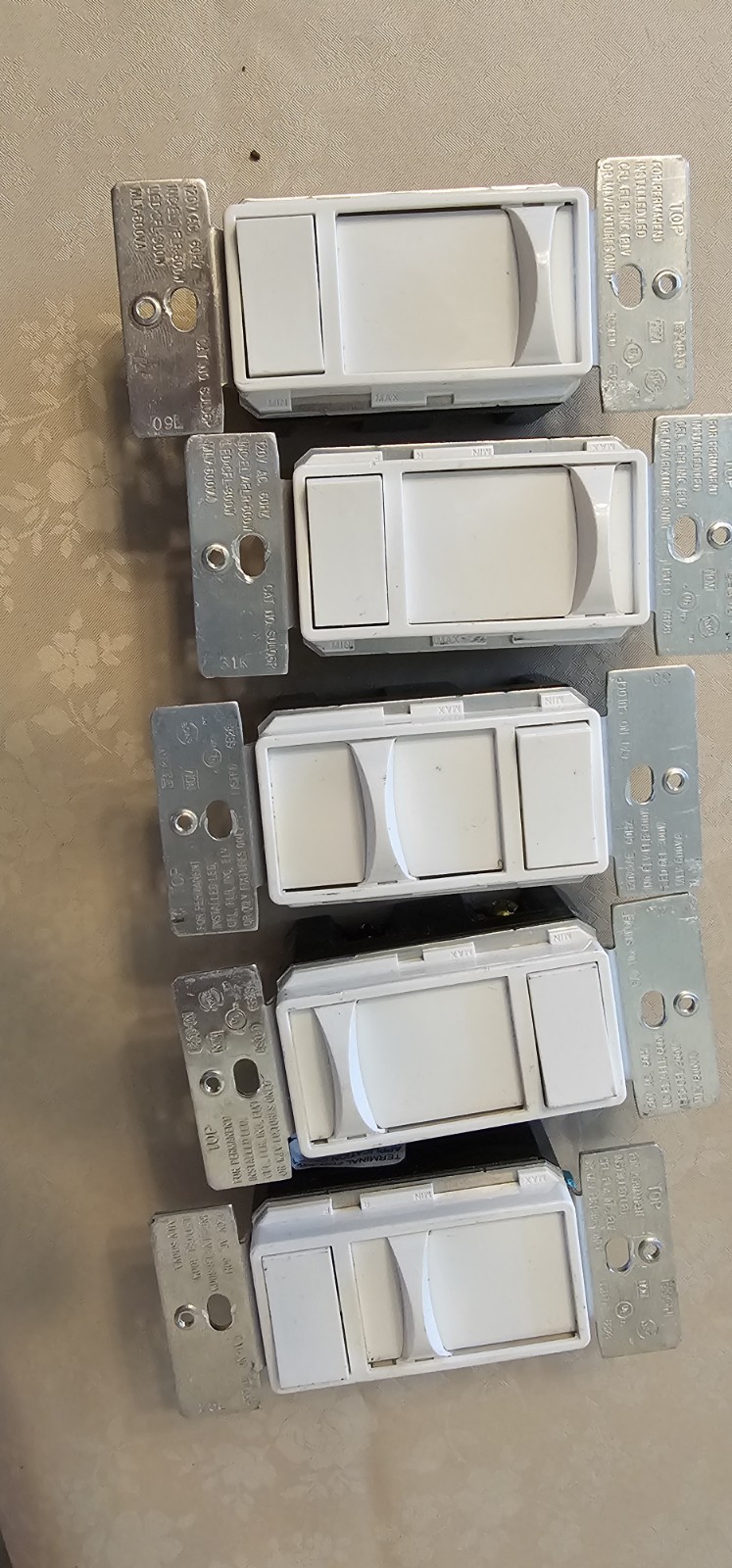 lot of 5 Eaton Slide Dimmer, Single Pole + 3 Way, White Slide Dimmer Switches