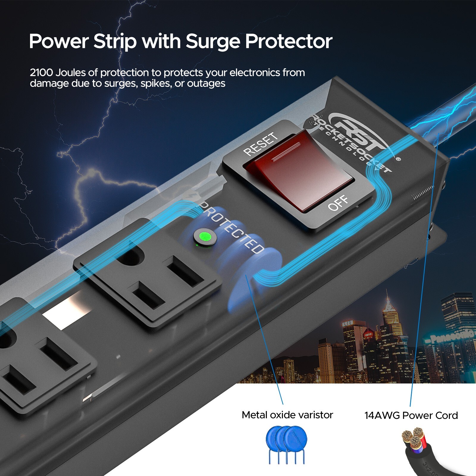 6 Socket Heavy Duty Power Outlet with Surge Protector, ETL Certified 6FT Cord