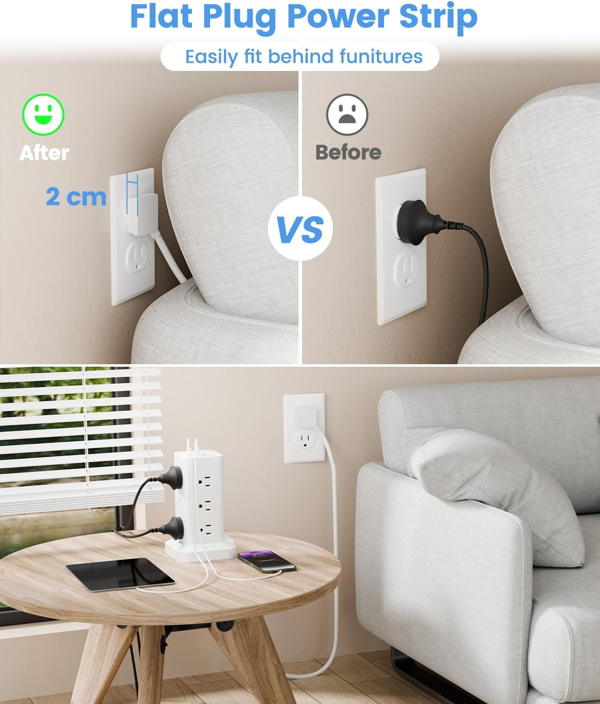 15-In-1 Power Strip Tower with Surge Protector 1800J, Fast Charging Tower PD20W