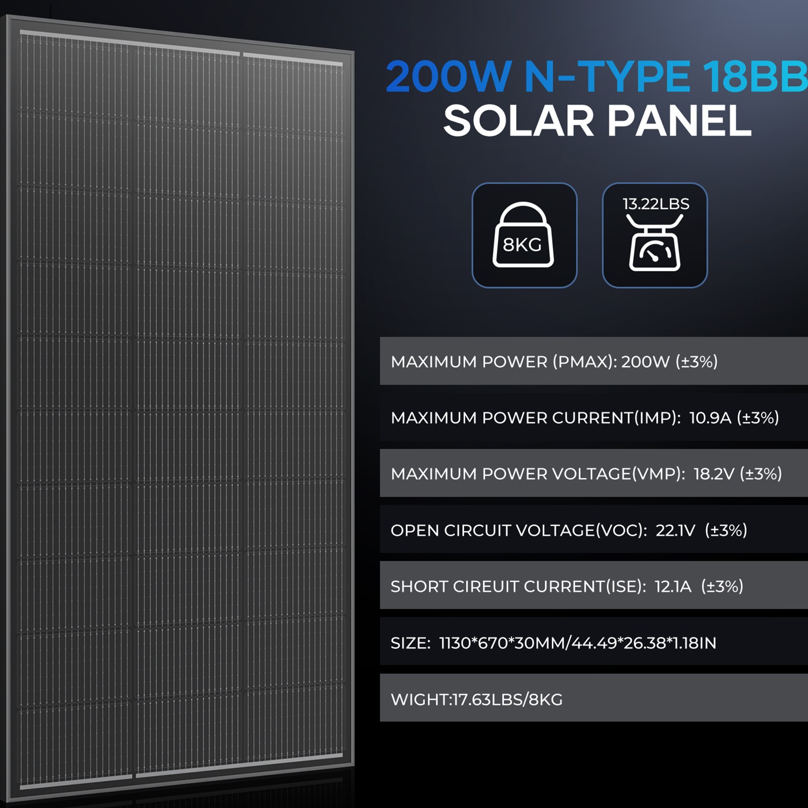 200W Solar Panel 12V Battery Charge RV Car Marine Home Off-Grid Charger Rooftop