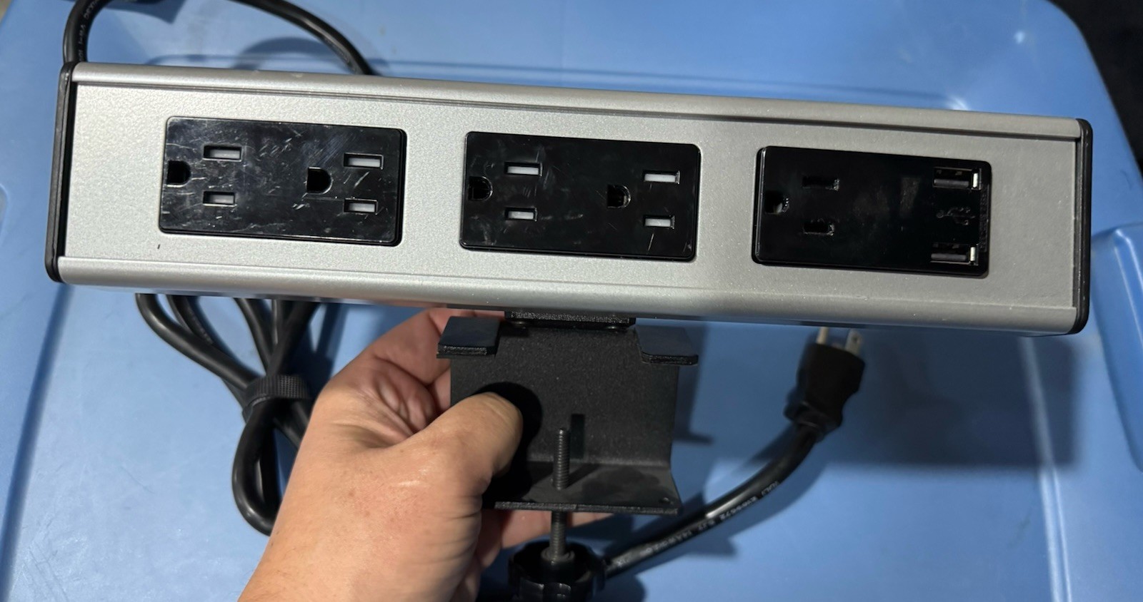 Clamp-On Desk Power Strip – 5 Outlets & 2 USB – Silver (Bus Grade Steelcase)