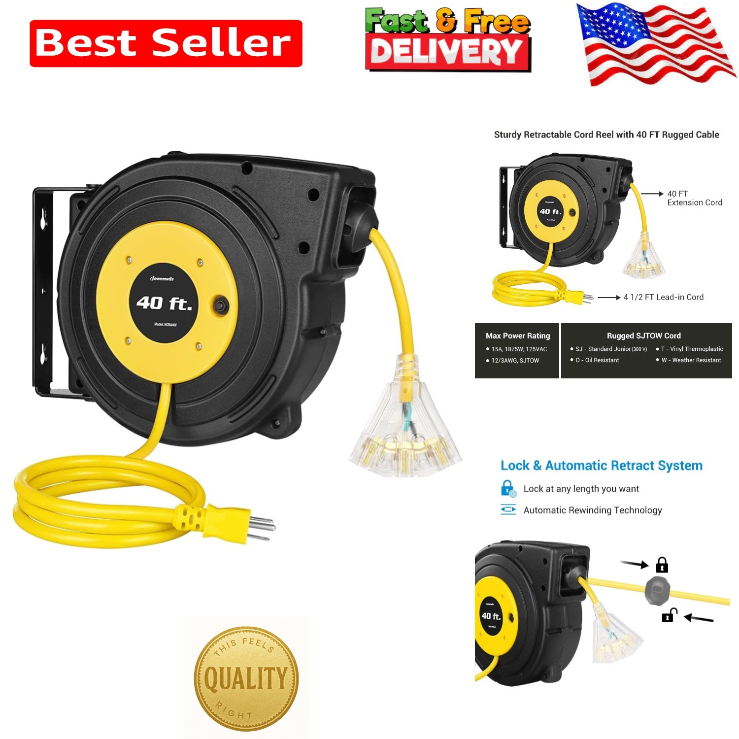 Listed Yellow 40FT Automatic Retractable Power Cord Reel with Circuit Breaker