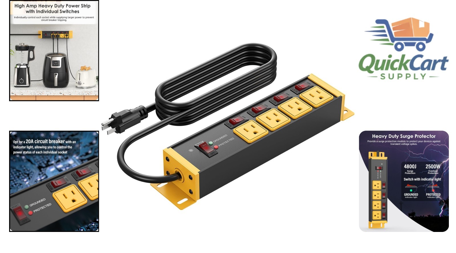 20A Surge Protector Power Strip with Individual Switches & 4800 Joules Rating