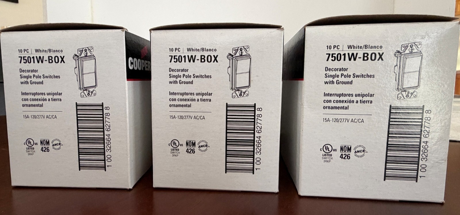 Cooper 7501W White Single Pole Decorator Rocker Light Switches (10 pc) Lot of 3