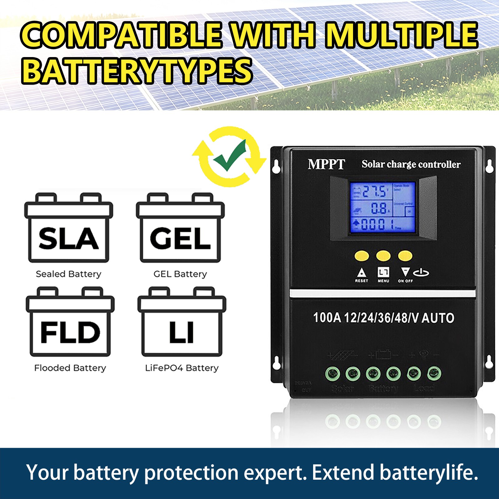 100A 12V/24V/36V/48V Solar Charge Controller Tools LCD Dual USB for Battery