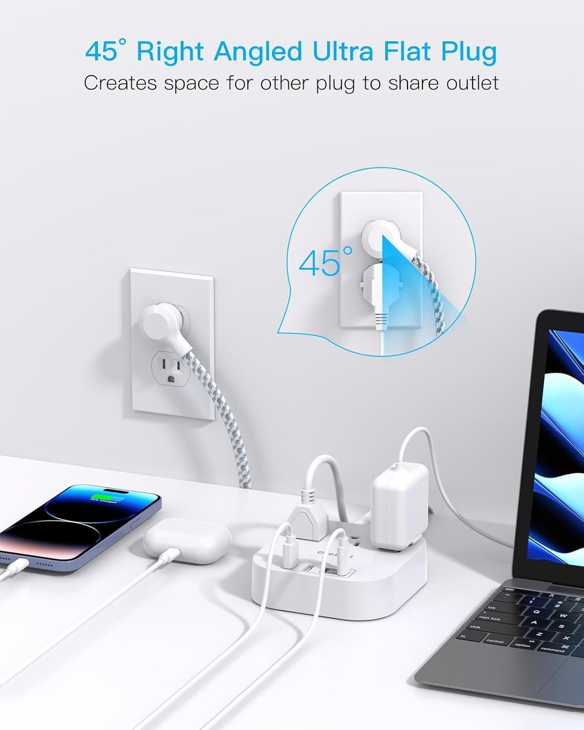 Compact USB Charging Station: 3 AC Outlets & 4 USB Ports, 22.5W Power