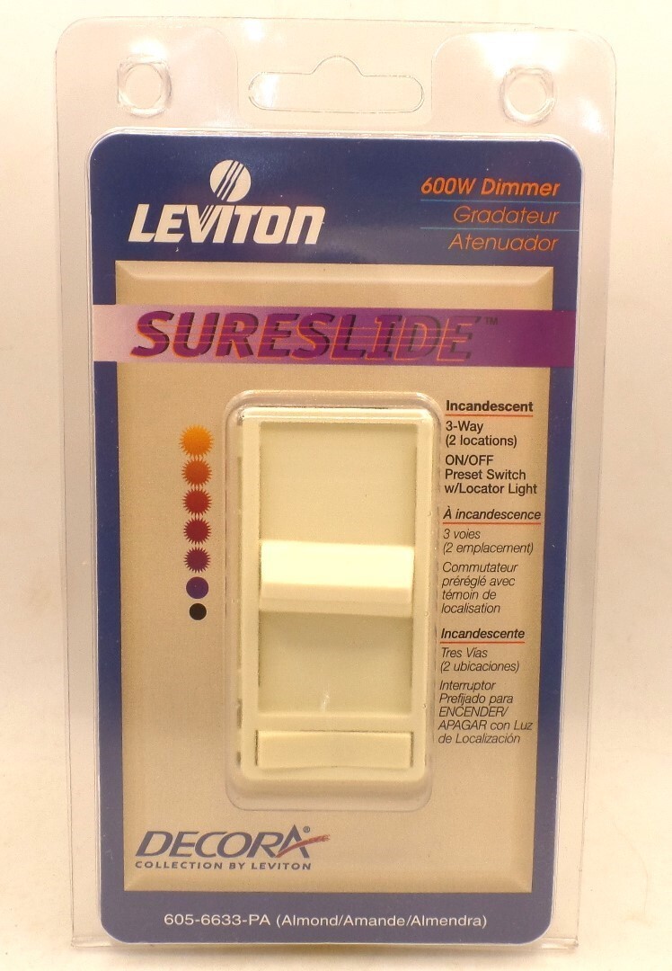 LEVITON 6633-PA DECORA LIGHTED SLIDE DIMMER SWITCH PRESET 3-WAY INCANDES ALMOND