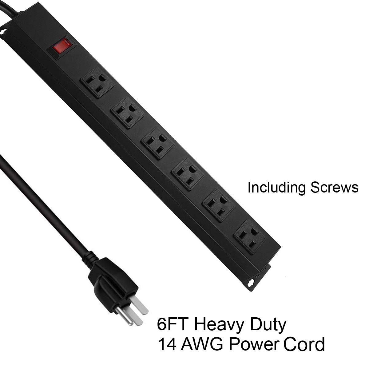 Metal Wall Mount Power Strip 6 Outlet Aluminum Alloy 6FT Cord 15A 125V Black