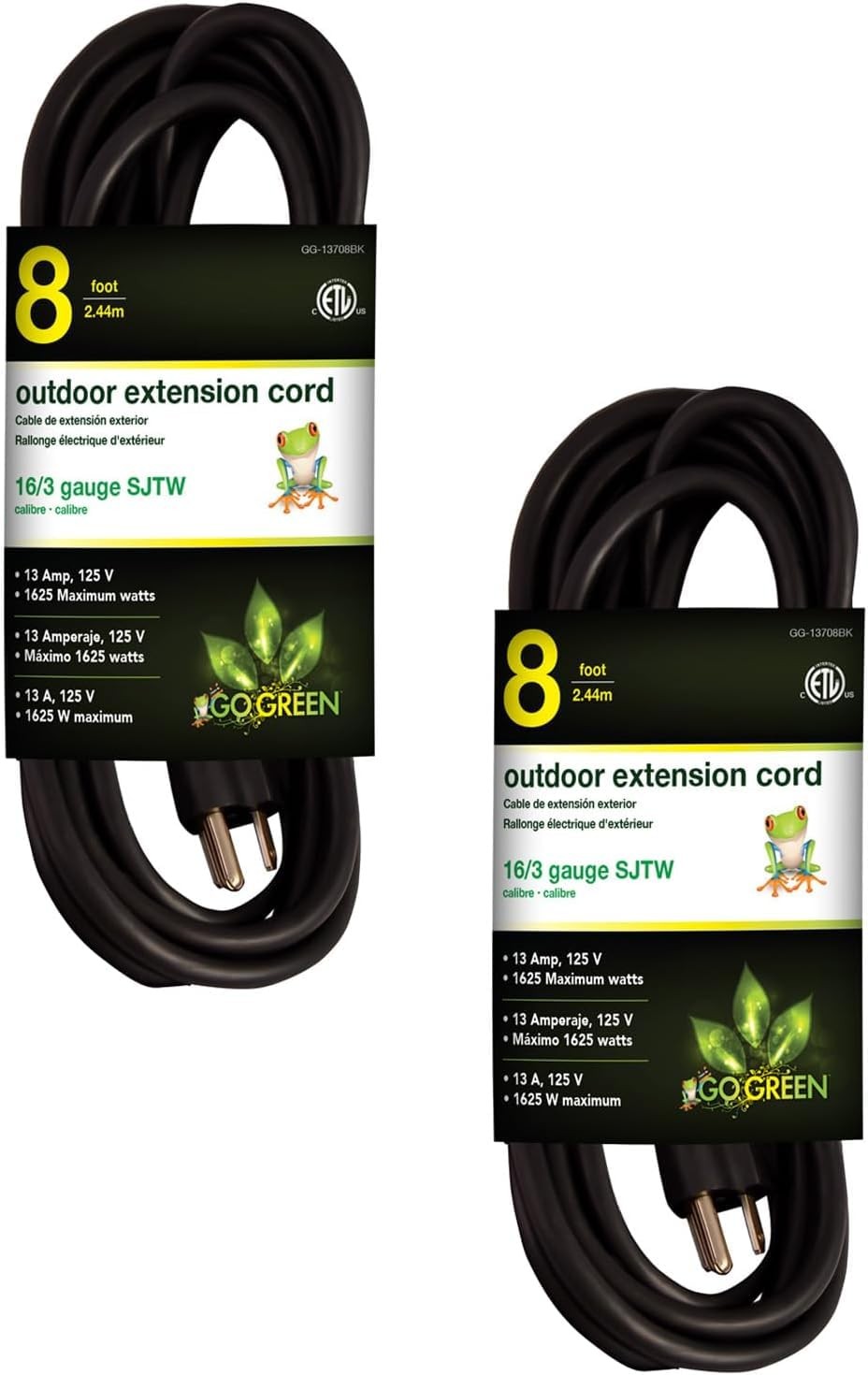 GoGreen Power Inc. (G-13708BK-2) 16/3 8′ Heavy Duty Extension Cord – Black, 8…