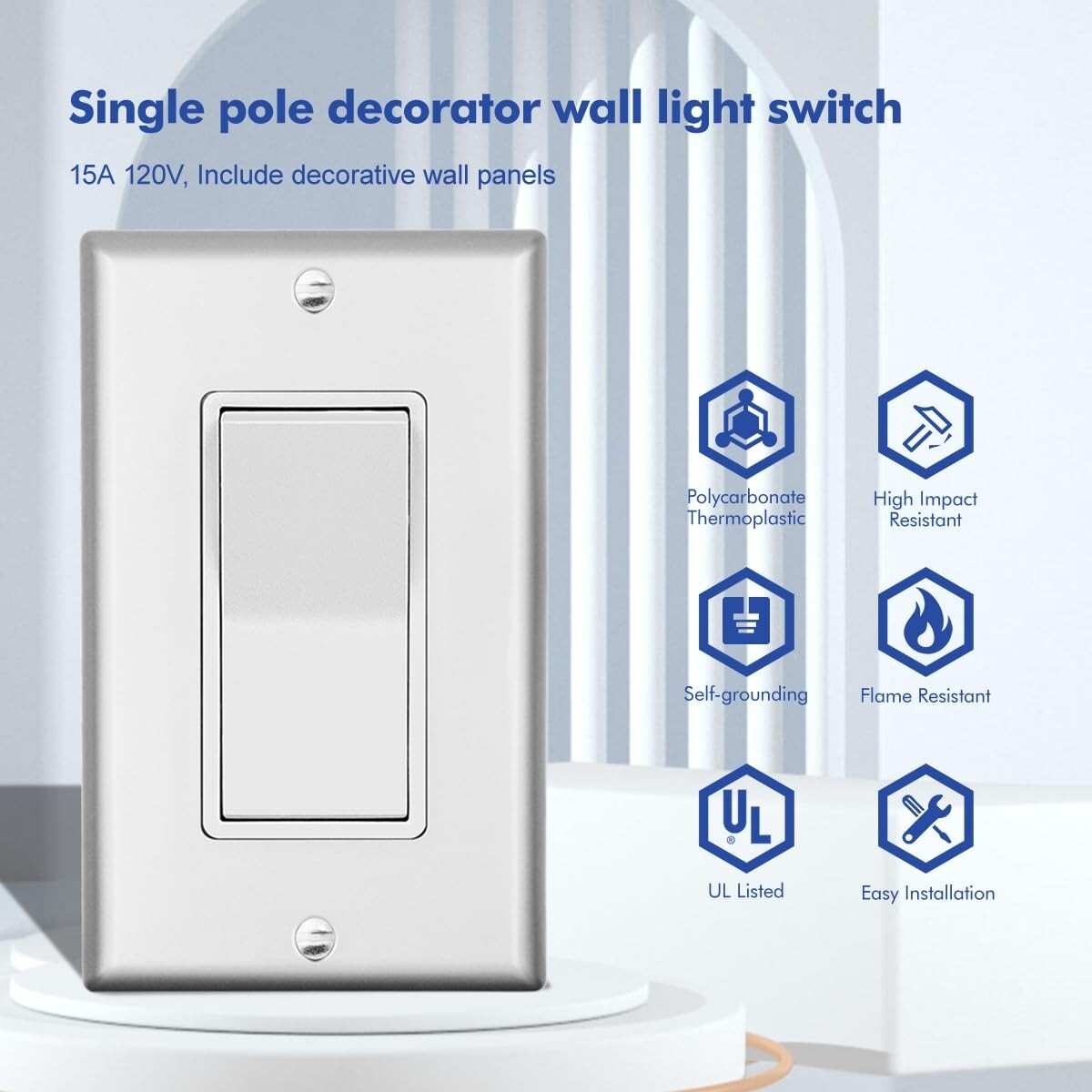 Decora Light Switch sliver, Single Pole Paddle Rocker UL ,15A 120V/277V,10 Pack