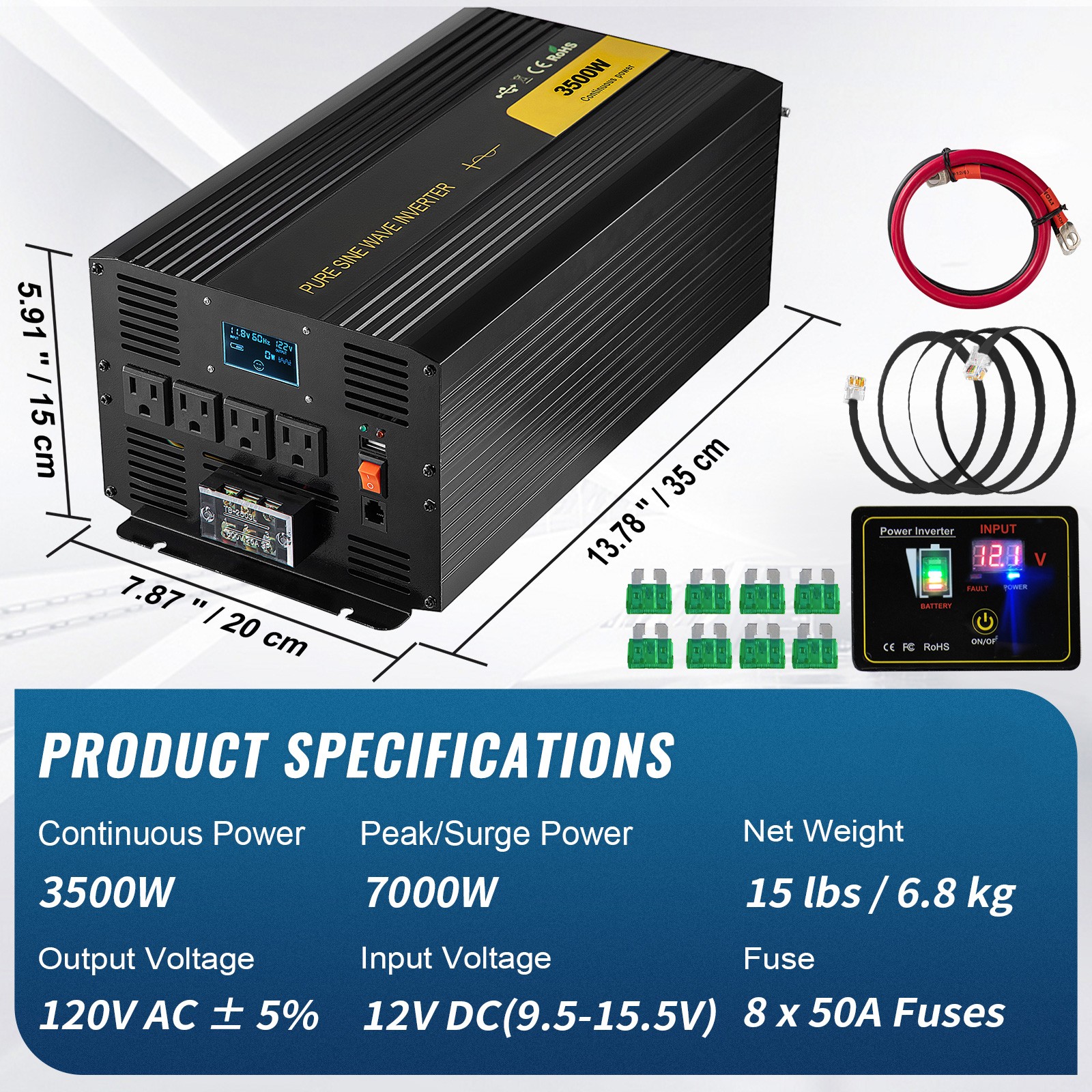 VEVOR Pure Sine Wave Inverter Power Inverter 3500W DC12V to AC120V Inverter LCD