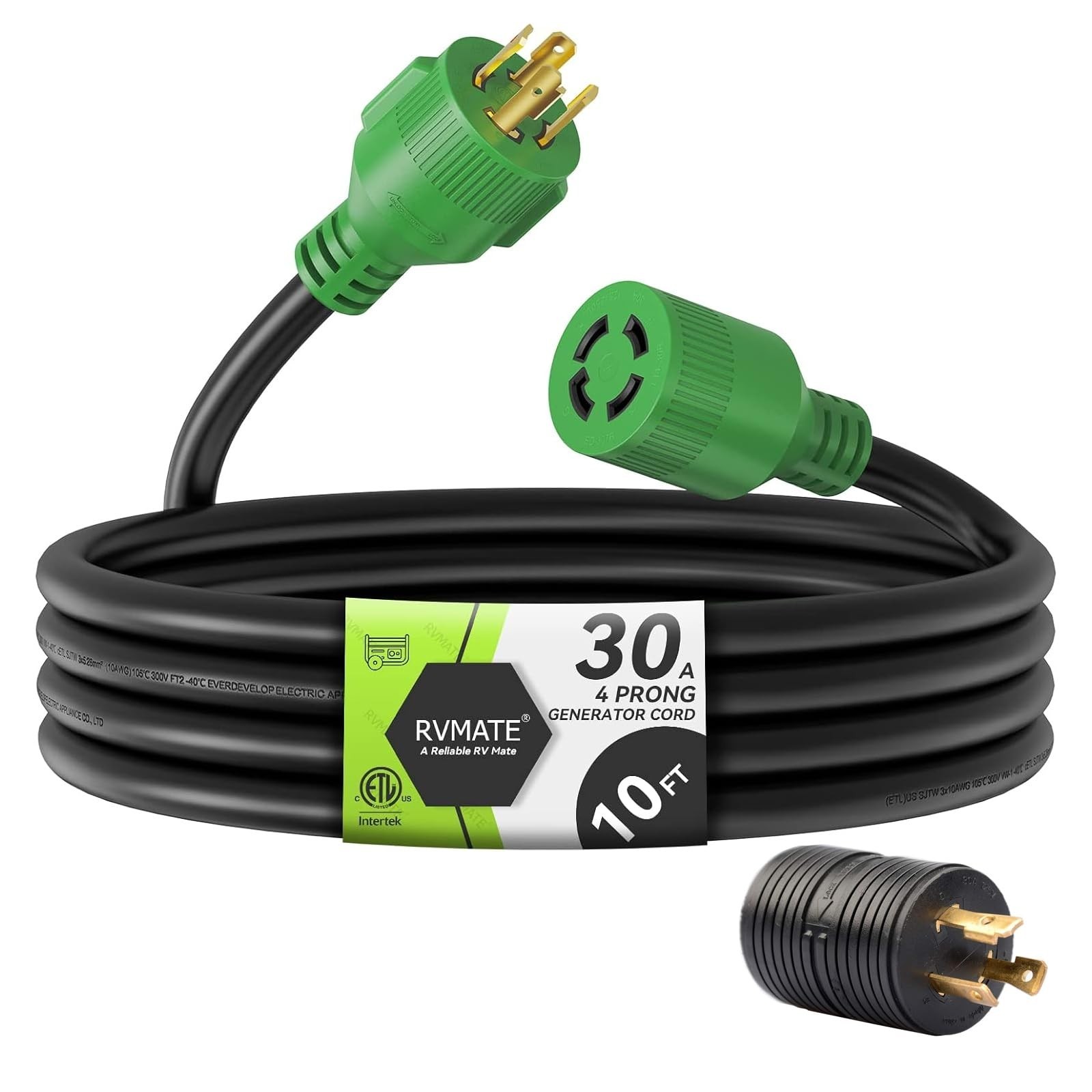30 Amp Generator Extension Cord 10ft, 4 Prong NEMA L14-30P/L14-30R, 7500W, ETL L