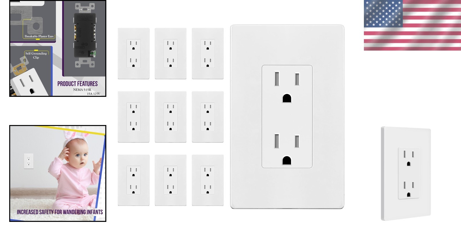 10-Pack Tamper-Resistant Glossy White Decorator Receptacles – Self-Grounding