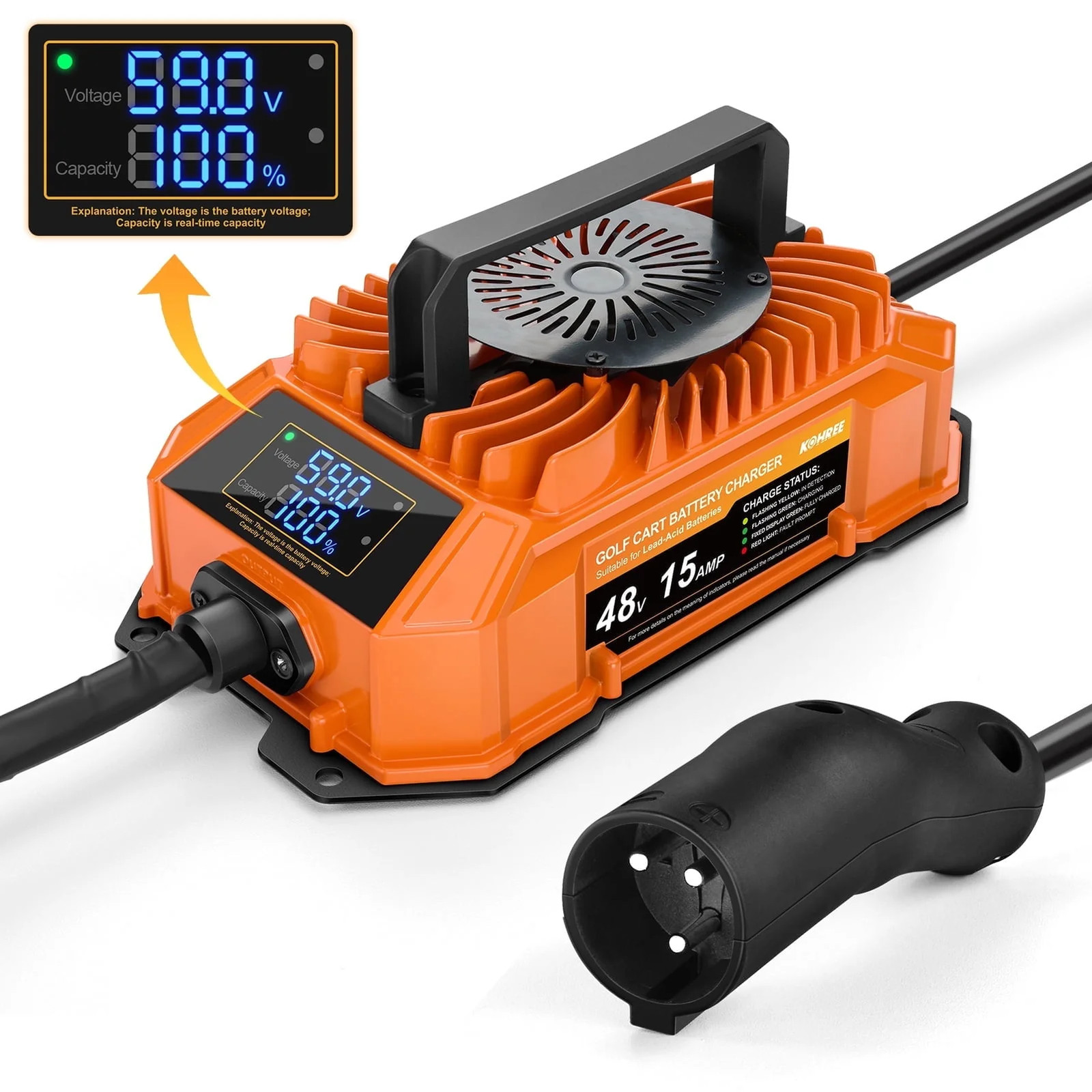 48V 15 AMP Golf Cart Battery Charger with Smart LCD Display, 3-Pin Round