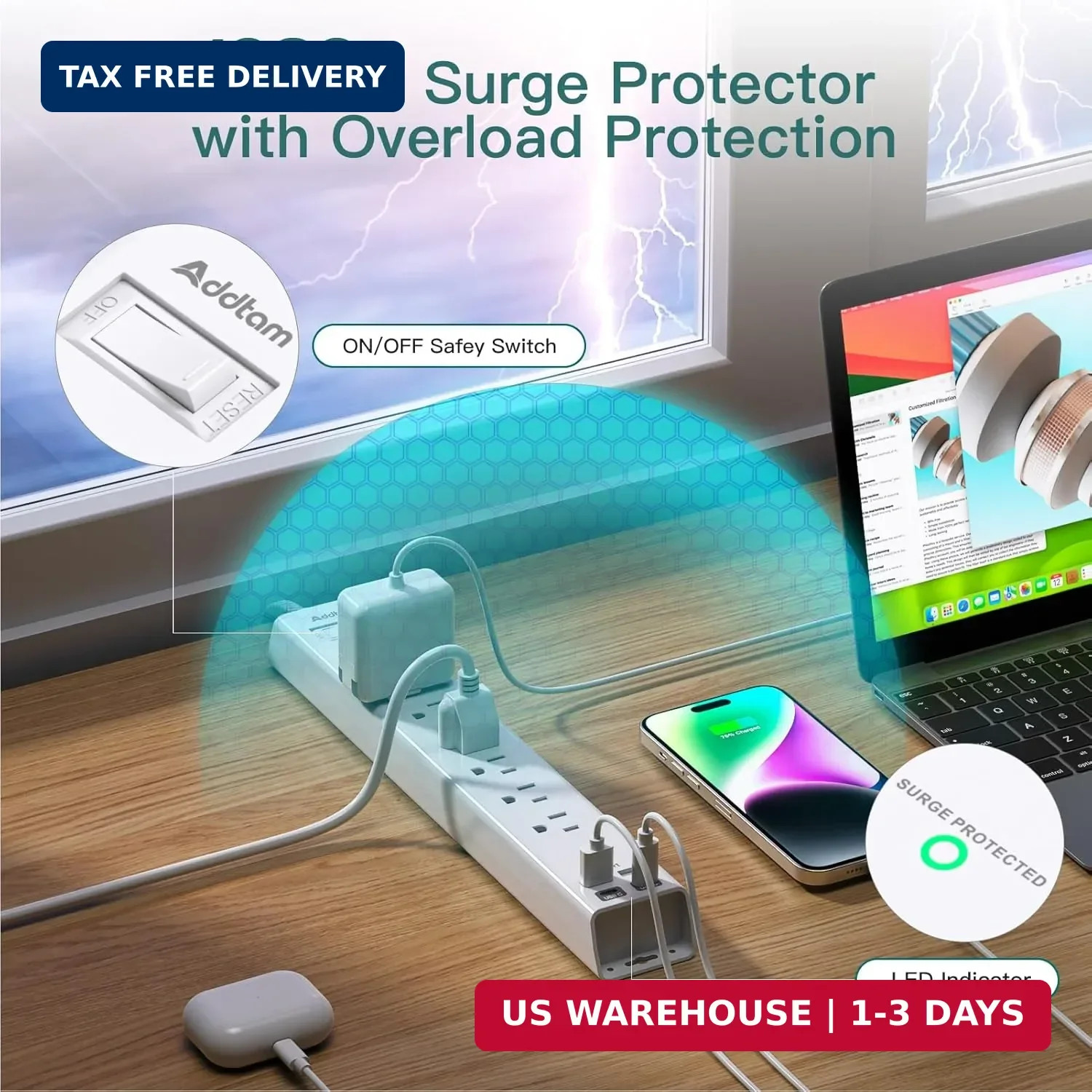 Power Strip Surge Protector with USB C – Flat Plug Extension Cord with 6 AC Outl