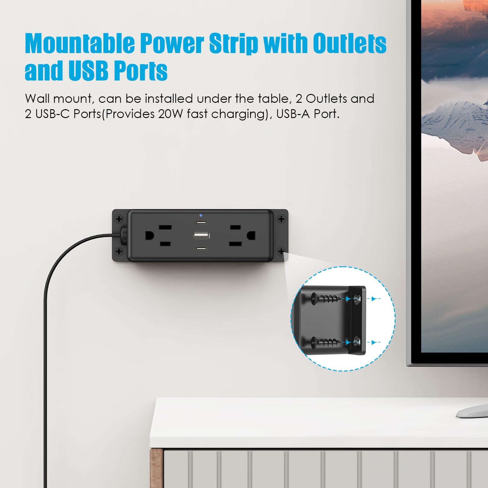 Black Wall Mount Power Strip with USB Ports Under Desk 6 Ft