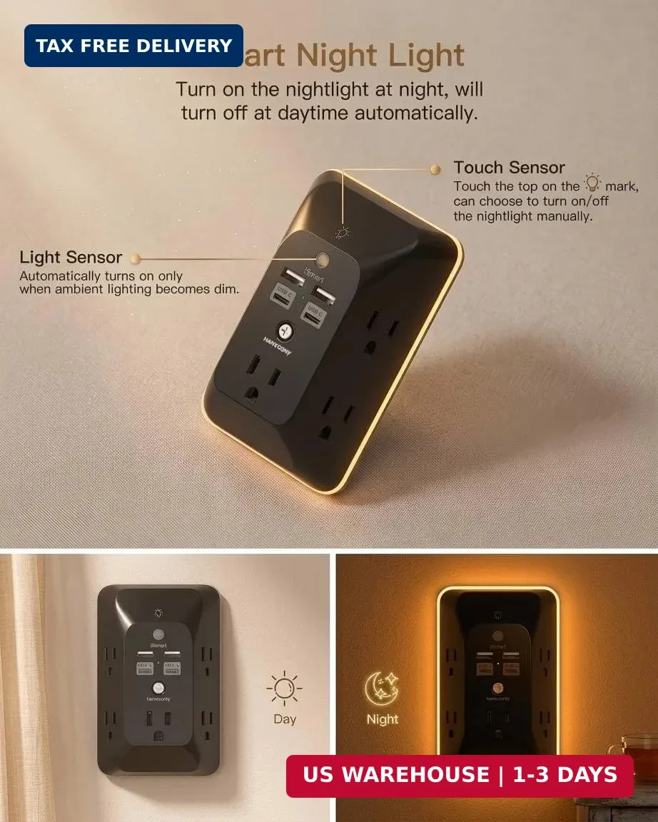 Outlet Extender with Night Light, Multi Plug Outlet Splitter, USB Wall Charger S