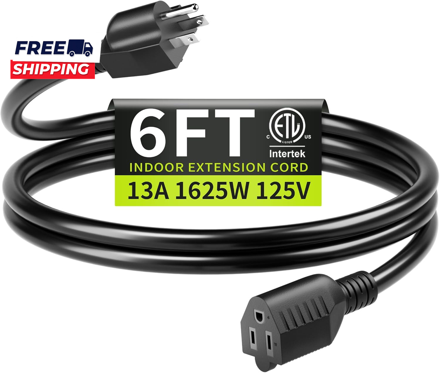 16/3 Black Extension Cord 6 FT Indoor Short Extension Cord for Laptops Coffee