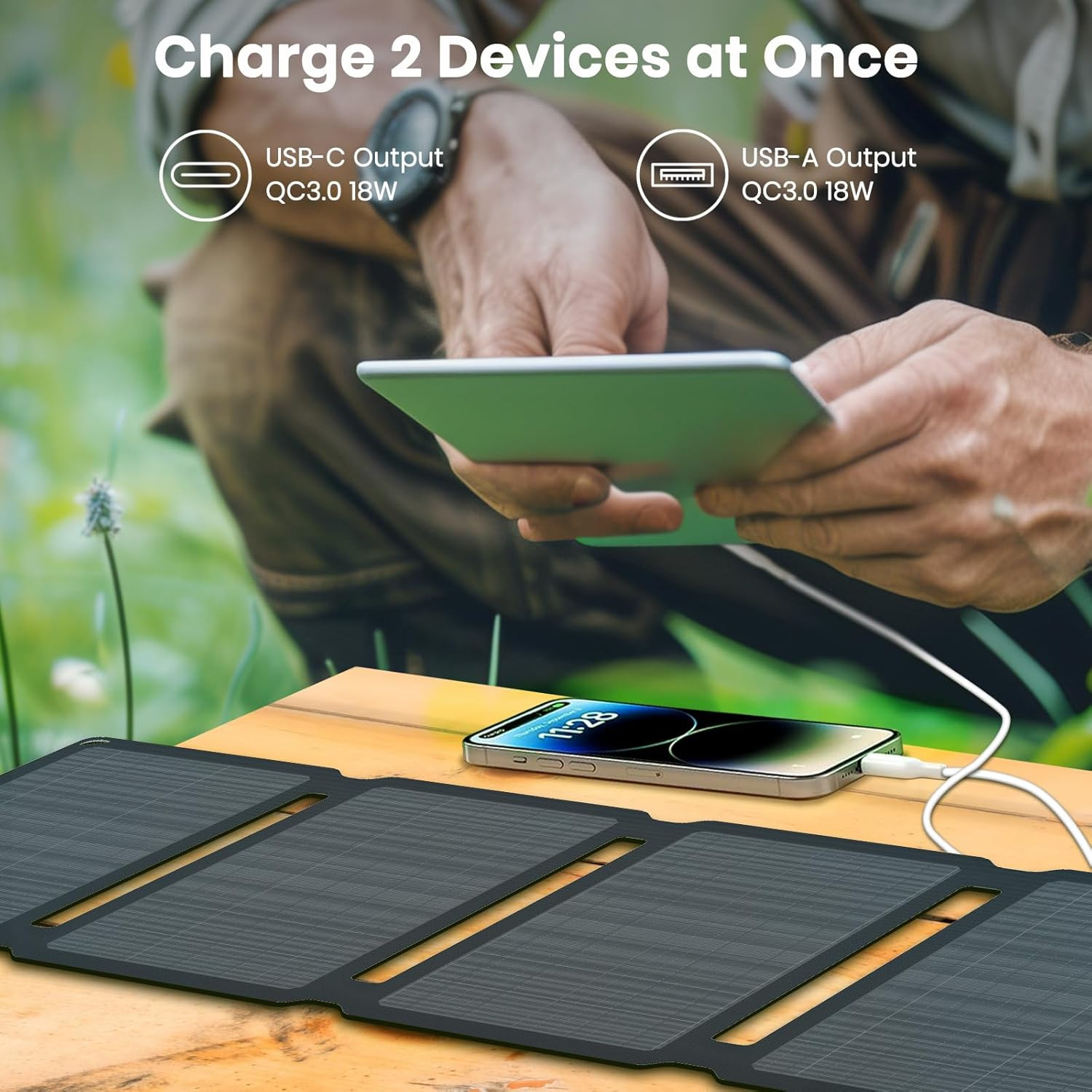 30W Portable Solar Panel Chargers QC3.0 18W USB-A USB-C Output Foldable Small Po