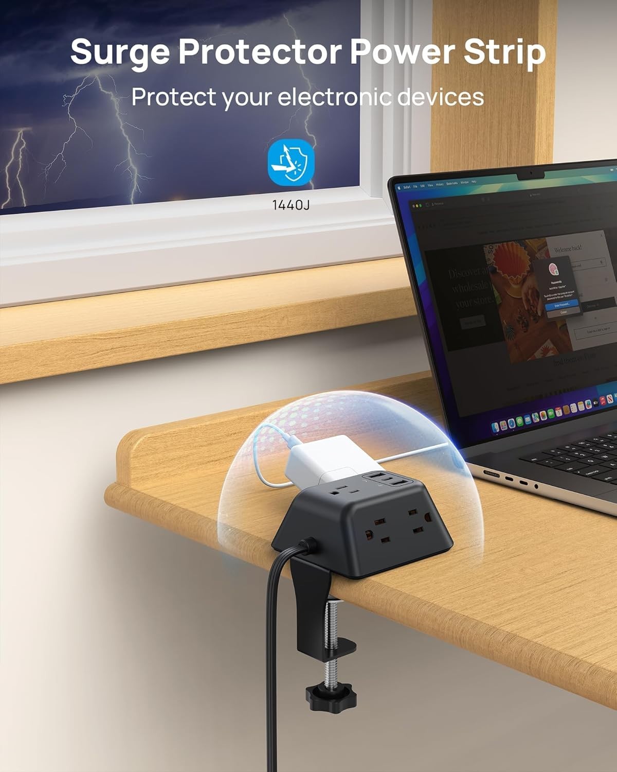 Compact Desk Clamp Power Strip with 5 AC Outlets and USB Ports for Convenience