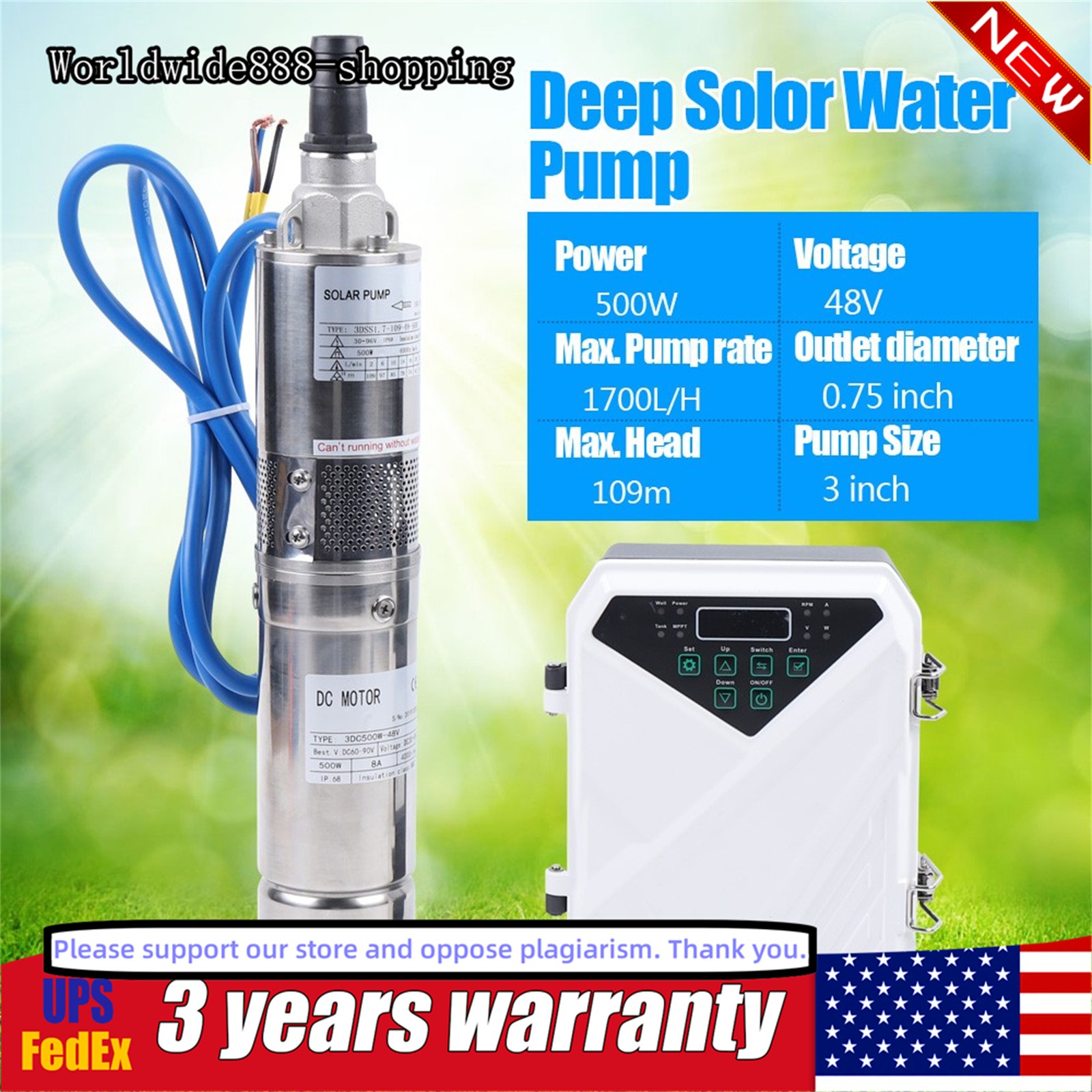 3″ DC Solar Water Pump 48V 500W Submersible Deep Bore Well Pump +MPPT Controller