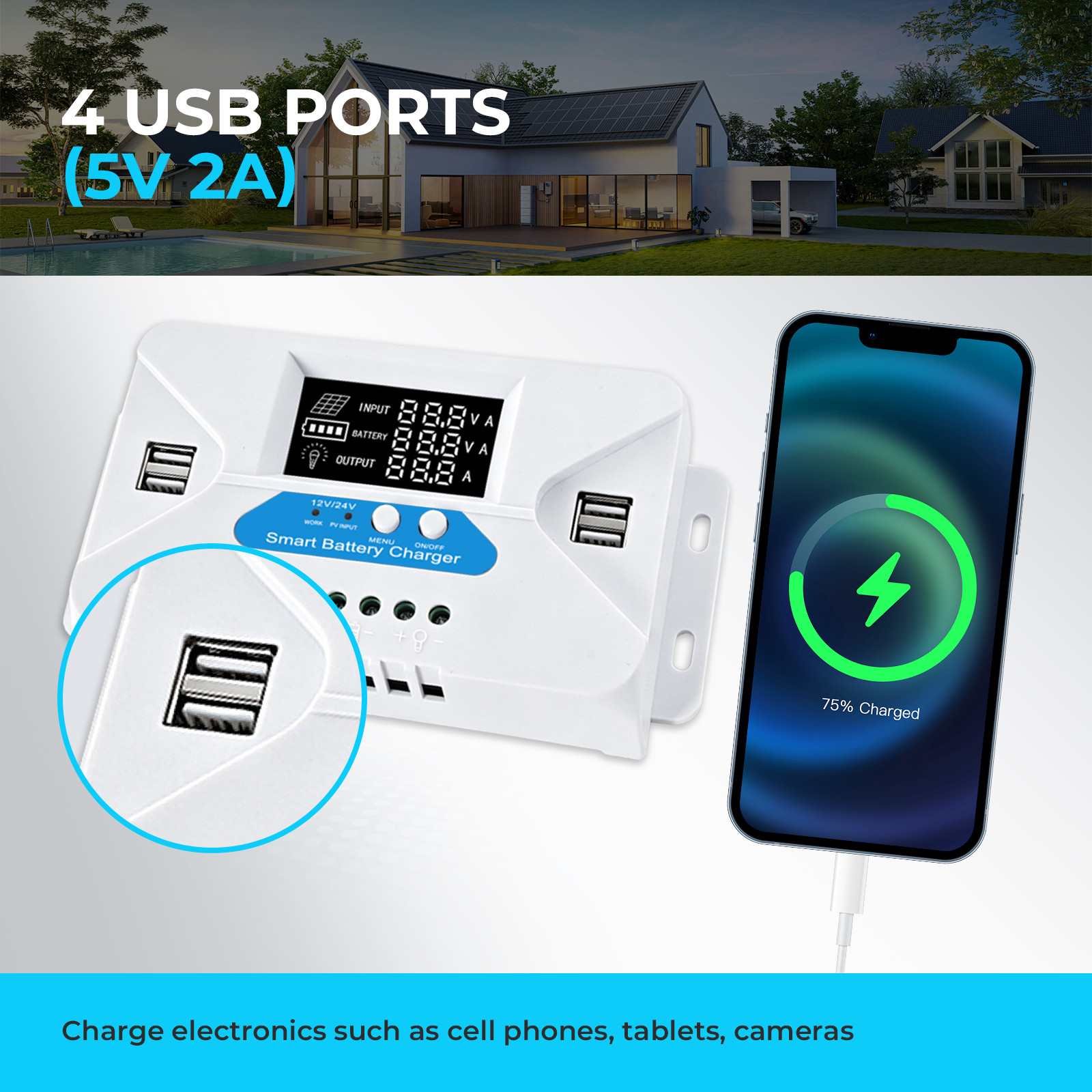20A Solar Panel Battery Charge Controller 12V/24V LCD Auto Regulator USB port