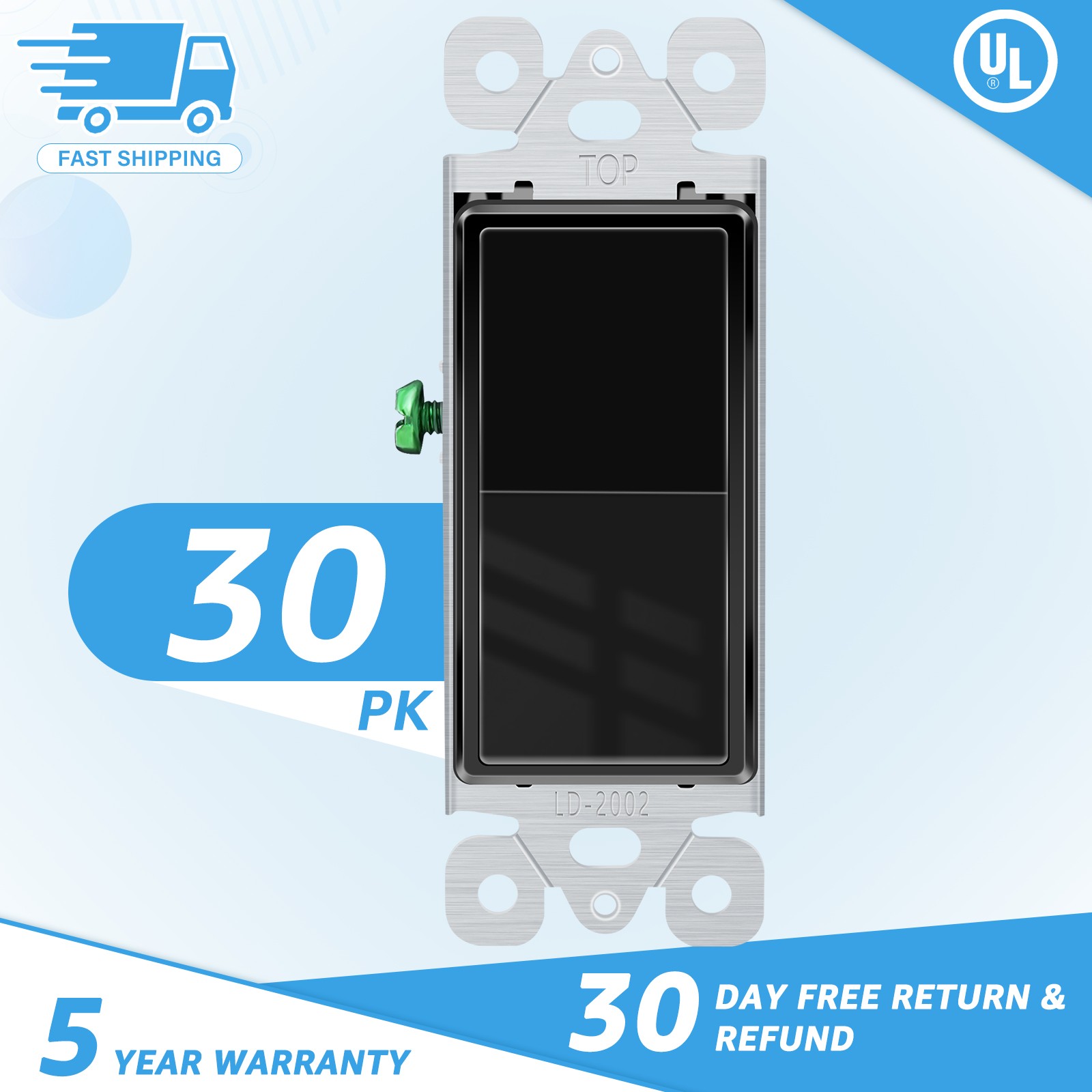 30Packs UL/CUL Listed 3 Way Rocker Light Switch 15A 120/277V Black Residential