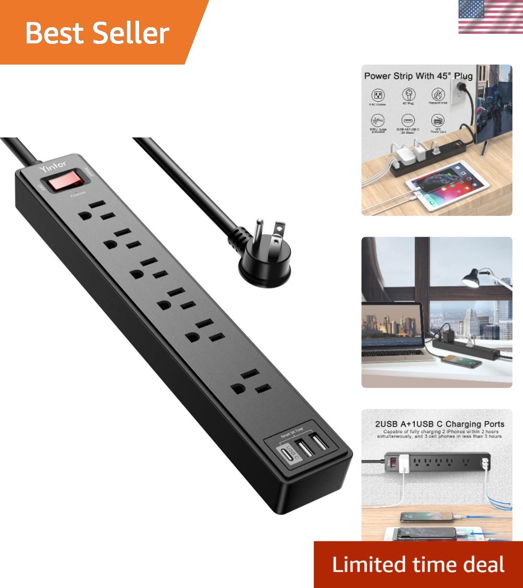 6Ft Black Surge Protector Power Strip with 3 USB Ports & 10A Overload Protection